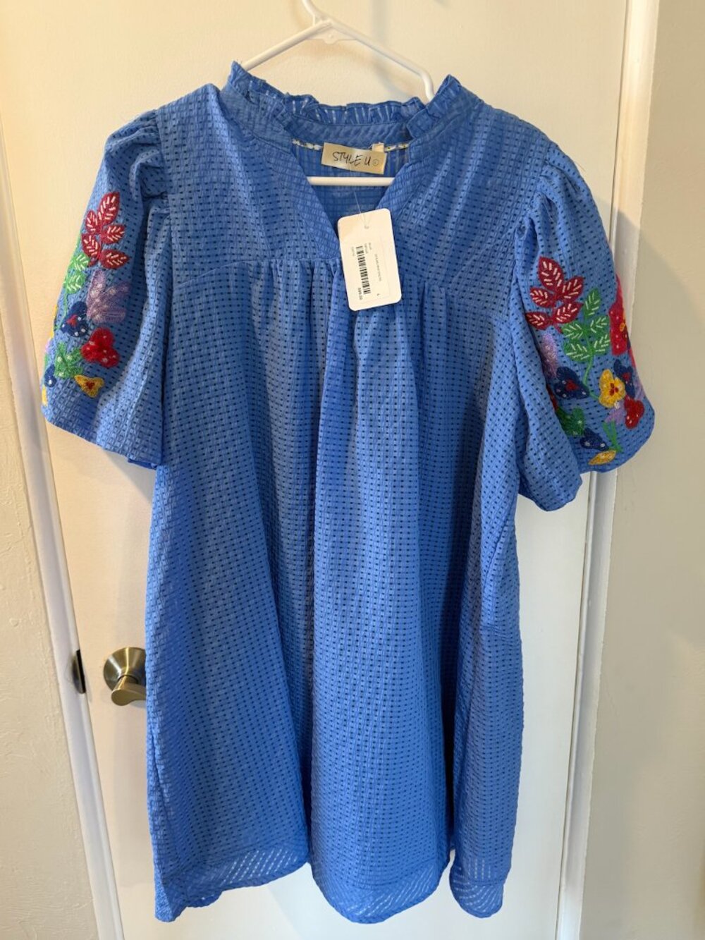 NWT Style U Ocean Blue Embroidered Mini Dress | Women's Large | Boho